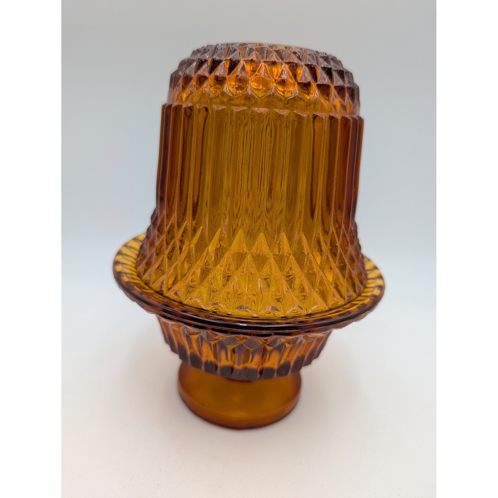Vintage Amber Glass Fairy‎ Lamp Candle Holder Diamond Point Ribbed MCM
